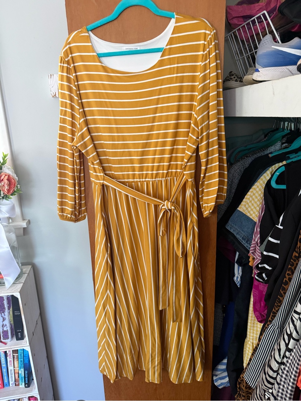 Mustard Yellow Striped Long Sleeve Midi Dress with Self-Tie Waist